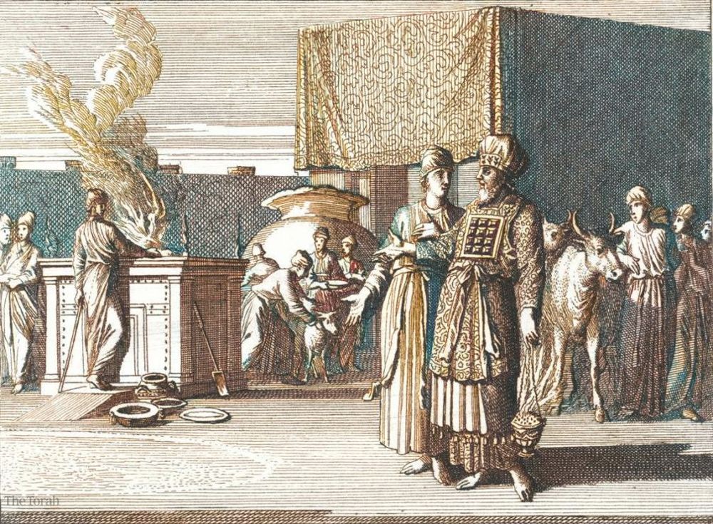 Preists offering sacrifices in the tabernacle.